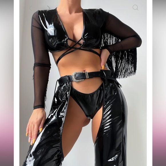 LORLIE - BEBESOTA BLACK VINYL SEXY COWGIRL HALLOWEEN COSTUME M/L - Picture 3 of 4